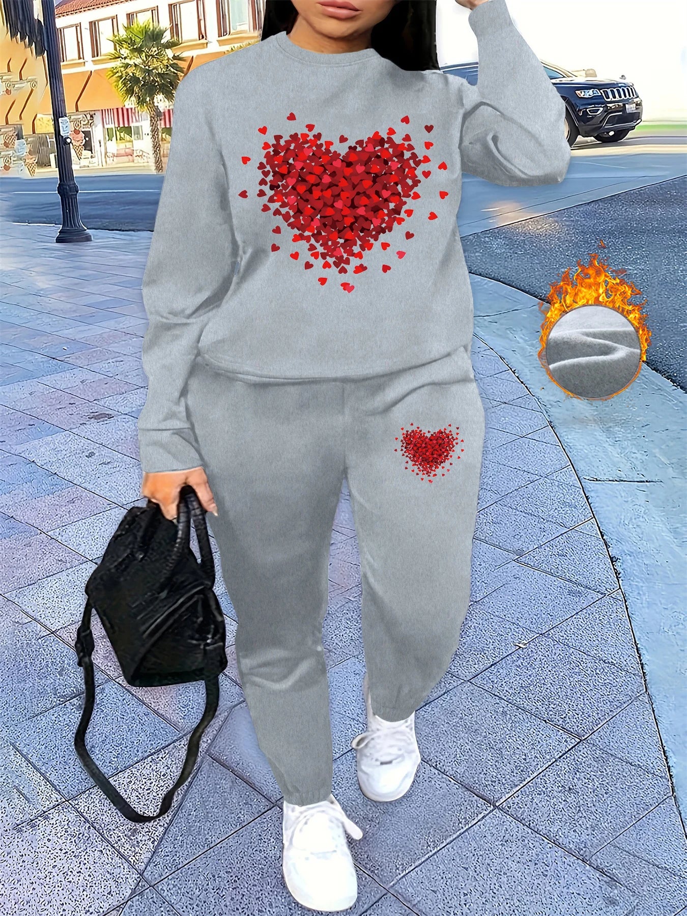 Women's autumn and winter hip-hop casual street heart-shaped printed round neck sports shirt+sports pants set warm clothing