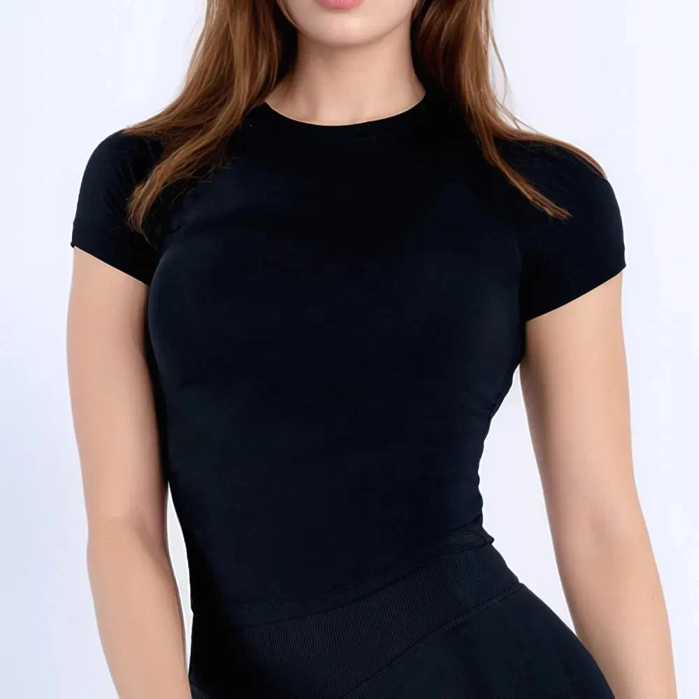 Impact Short Sleeve Top for Women Gym Crop Top Light Weight Seamless Yoga Top Workout T Shirt Longline Stretchy Sports Shirts - ATFH