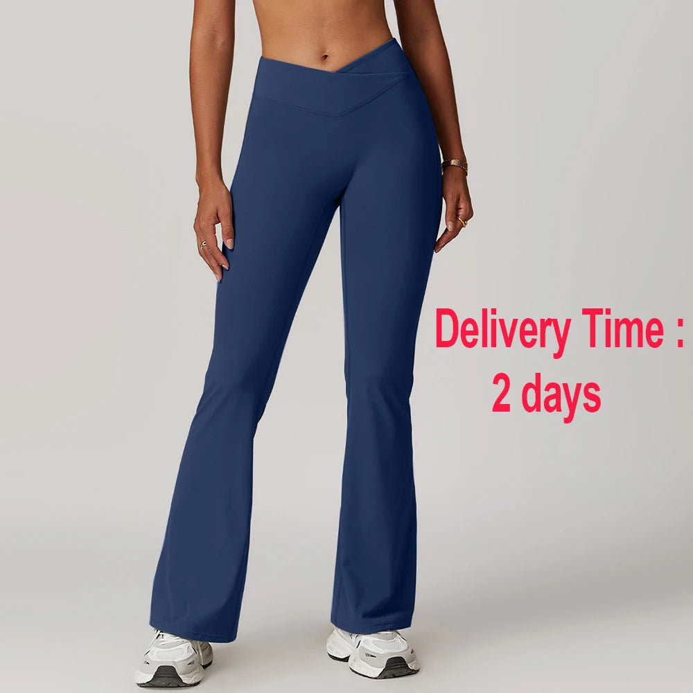 Gym Leggings Women High Waist Flared Pants Cross Waist Sport Tights Ladies Push Up Fitness Leggin Workout Clothes ATFH
