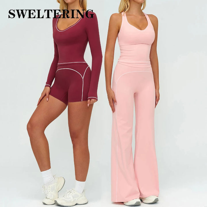 2PCS Yoga Set Gym Clothes Outdoor Sports Outfits Women Tracksuit Gym Fitness Suits Workout Long Sleeved Flared Pants Sportswear - ATFH