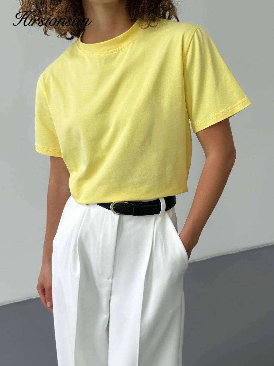 Hirsionsan Basic Cotton T Shirt Women 2026 Summer New Loose Solid Tees 19 Color Casual Loose Tshirt Oversized O Neck Female Tops - ATFH