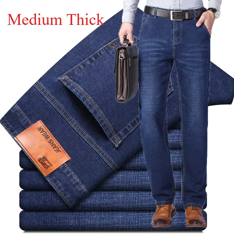 2024 Brand Thin or Thick Material Men's Elastic Cotton Jeans Fashion Gray Comfortable Denim Business Casual High Waist Pants ATFH