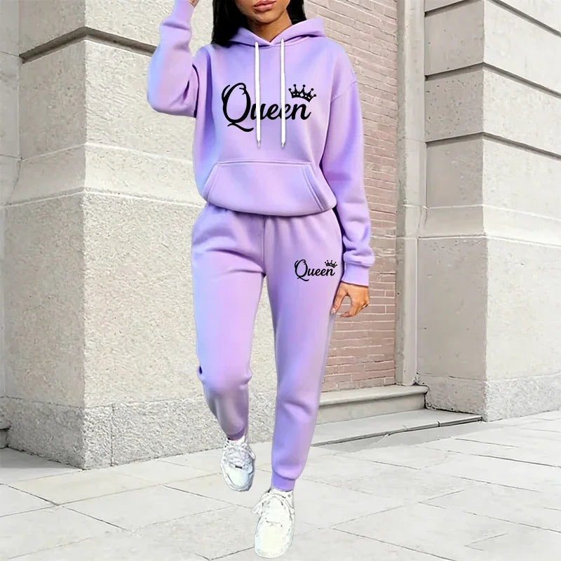 Autumn Winter Women's Outfits Queen Printing Casual Hooded Sweatshirts 2 Pcs Suit Outdoors Fashion Clothing Quality Pants Sets