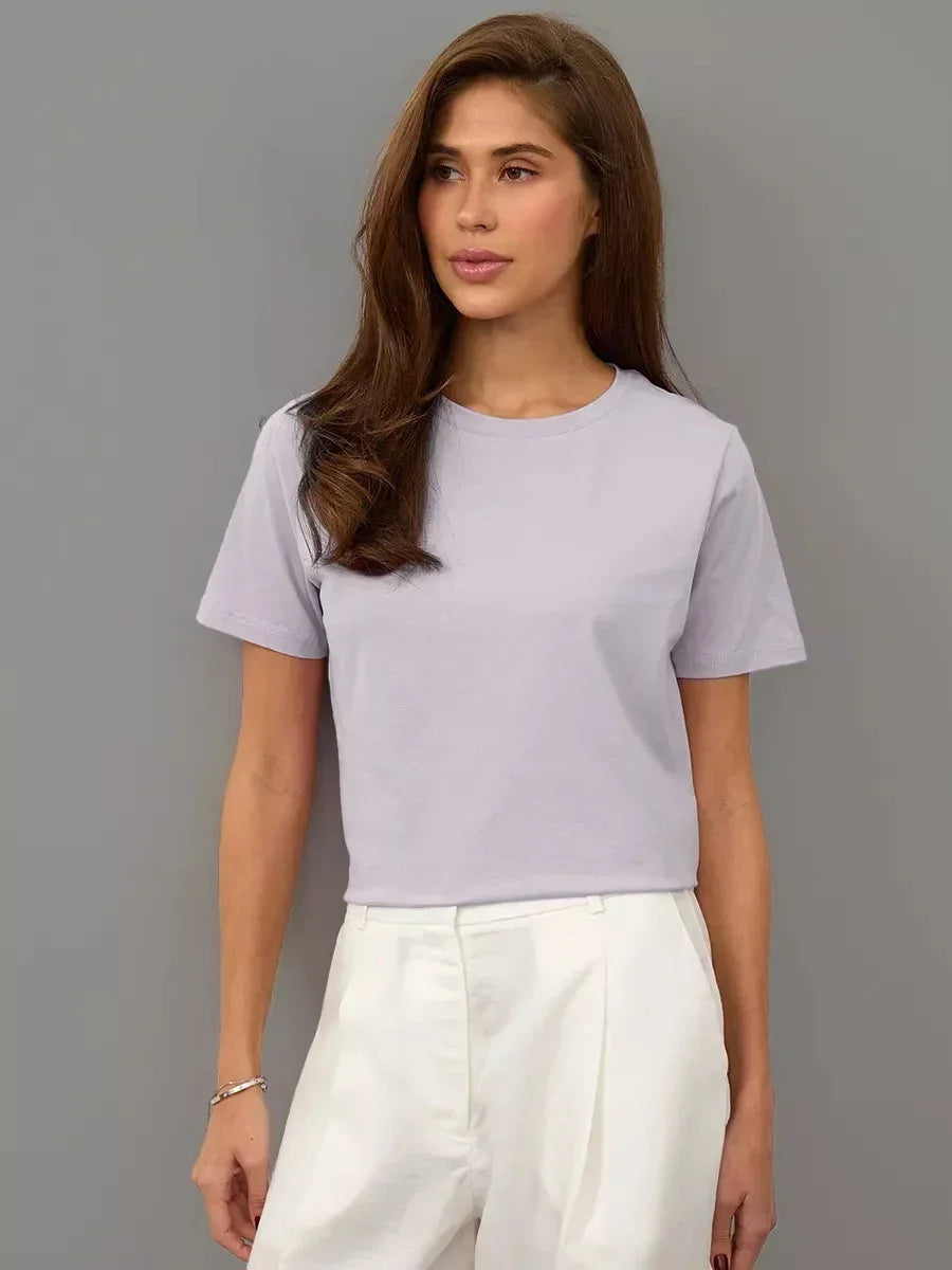 Sumuyoo Summer 100% Cotton Women's T-shirt Bottoming Basic Fashionable Lady Short Sleeve Loose Tops Shirts Solid 230g/㎡ Tops - ATFH