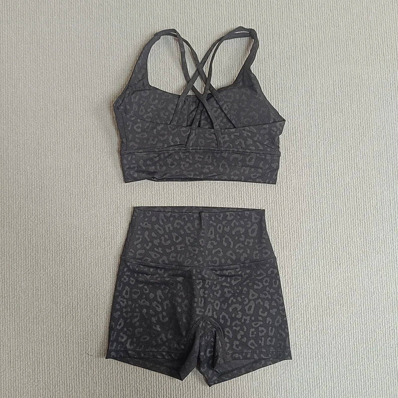 2 Pieces Yoga Clothes Gym Sets Sports Shorts Women Cross Back Bra Top High Waist Shorts Fitness Suits Running Workout Tracksuit - ATFH