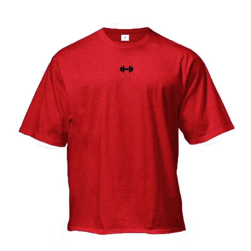 Oversized Loose Gym Clothing Mesh Quick Dry Bodybuilding Fitness Men Short Sleeve Barbell print Sport Streetwear Workout T-Shirt ATFH