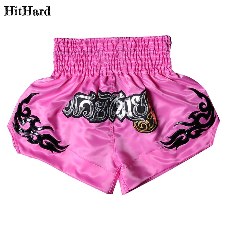 Muay Thai Shorts Men Women Kids Leopard Thai Boxing Shorts Premium Embroidery Satin Gym Kickboxing Fight Training BJJ MMA Pants