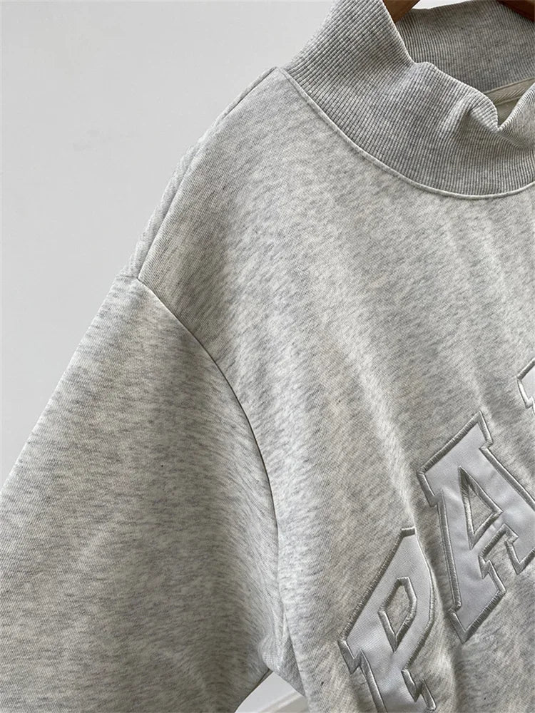 Letters Embroidery Women Cotton Gray Sweatshirts Spring New Stand Collar Ladies Long Sleeve Casual Sports Pullover Tops - ATFH