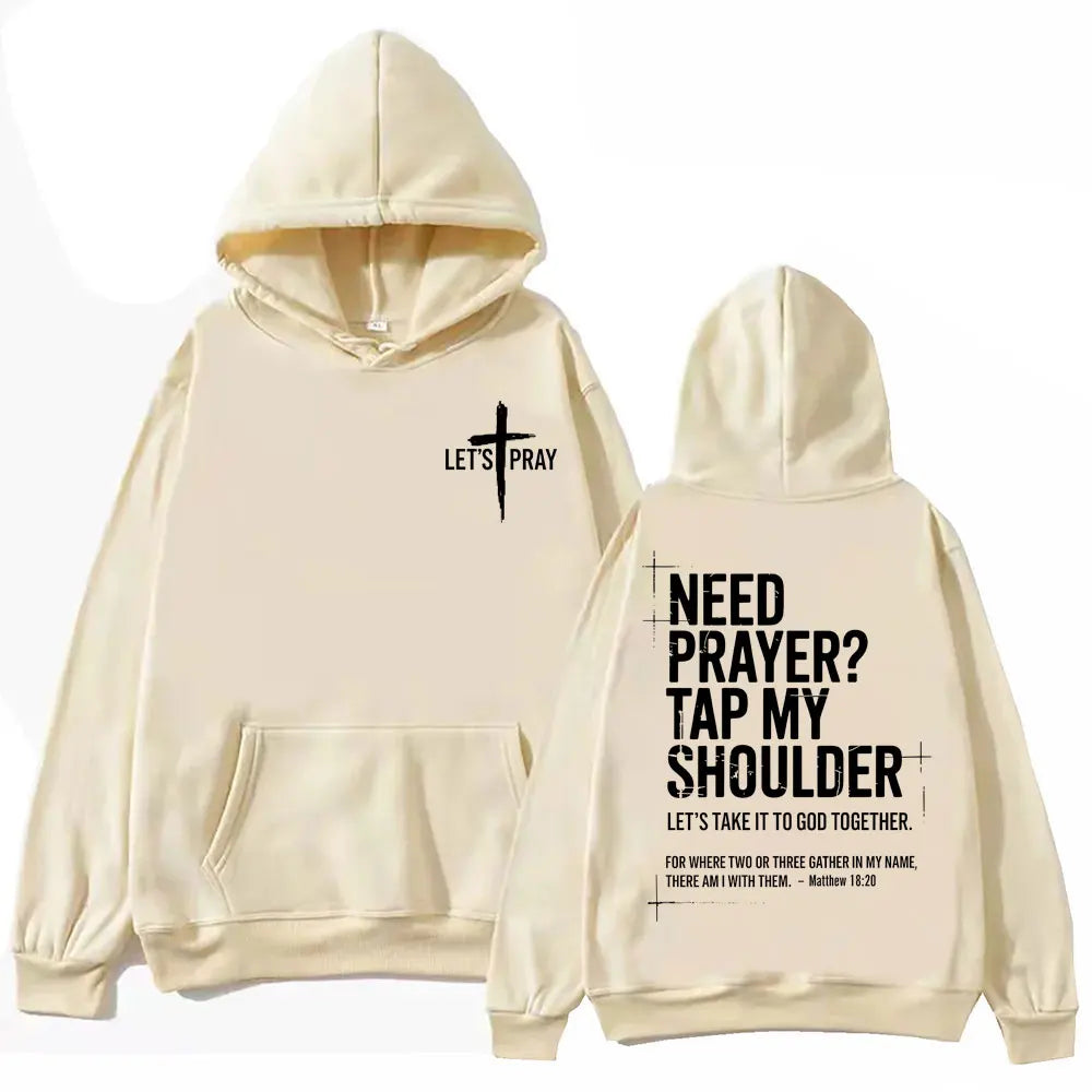 Need Prayer Tap My Shoulder Bible Verse Print Hoodie Fashion Vintage Hooded Sweatshirts Men Women Casual Loose Fleece Pullovers