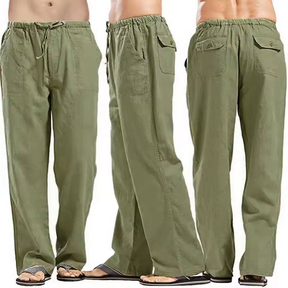 New Breathable Linen pants Mens 2-Pcs Summer Lightweight Cool Casual Pants Loose Drawstring Trousers Outdoor Work Classic Pants
