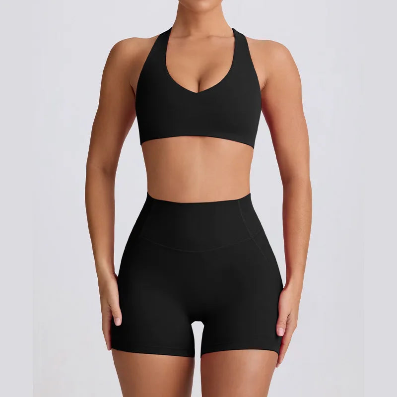 Naked Feel Quick-Dry Yoga Set Strappy Sports Bra & Seamless Leggings for Women Outdoor Gym Workout Activewear - ATFH