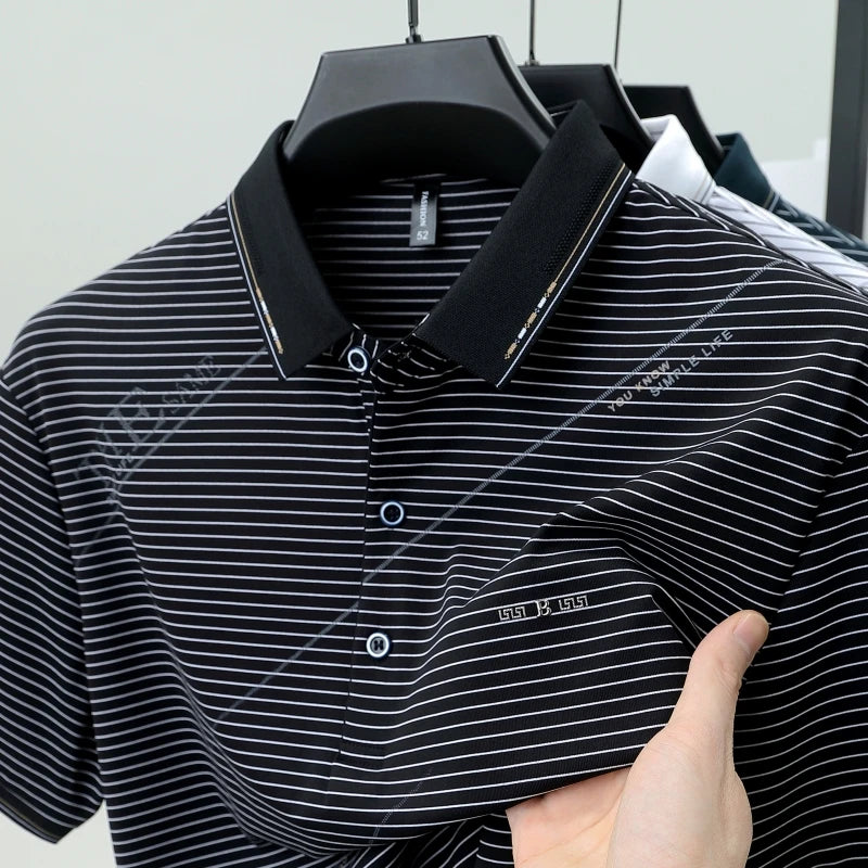 Light luxury stripe short sleeve men polo shirt summer trend brand letter embossed high-quality silky cotton breathable T-shirt