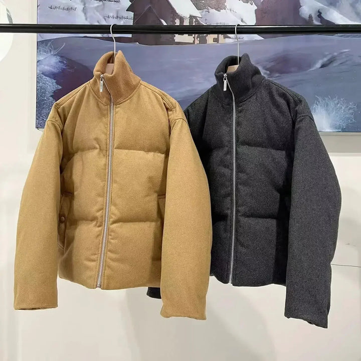 Winter Down Coat Wool Blended Flannel Short Quilted Down Top Warm Jacket for Women ATFH