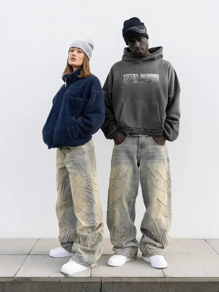 2024 American New Fashion Patch Baggy Casual Jeans For Men And Women Y2K High Street Harajuku High Waist Wide Leg Denim Trousers ATFH