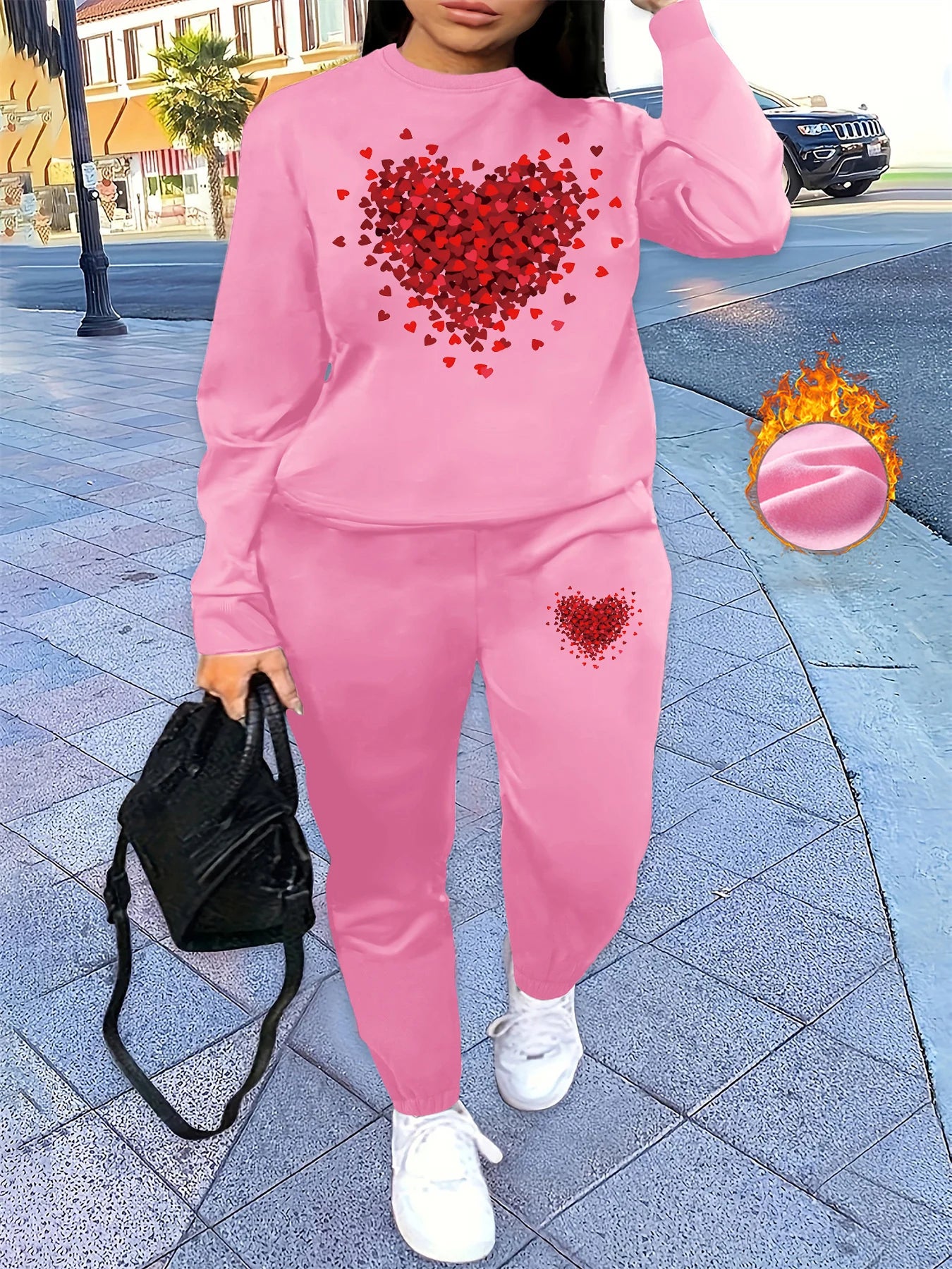 Women's autumn and winter hip-hop casual street heart-shaped printed round neck sports shirt+sports pants set warm clothing