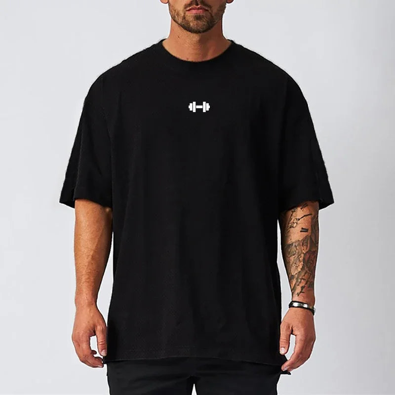 Oversized Loose Gym Clothing Mesh Quick Dry Bodybuilding Fitness Men Short Sleeve Barbell print Sport Streetwear Workout T-Shirt ATFH