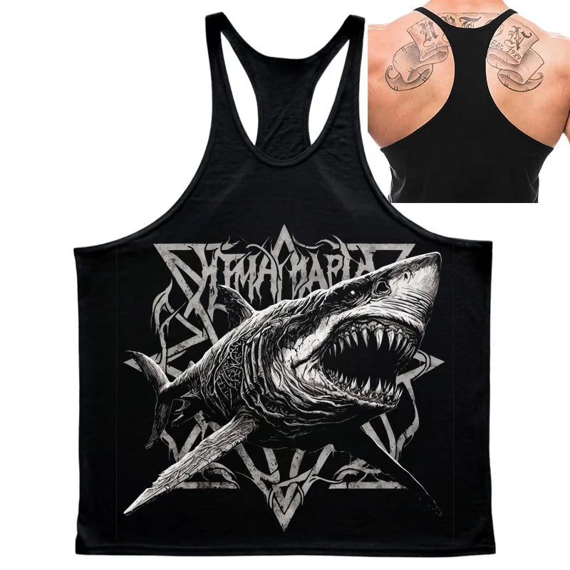 Men's Gym Shark Graphic Stringer Tank Top, Heavy Metal Style Print, Bodybuilding Gym Vest, Summer Casual Sleeveless Shirt
