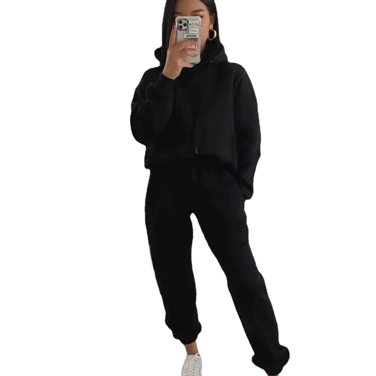Women's Hooded Long Sleeved Pocket Sweatshirt Solid Color Sports Set Two-piece Set 2024 Autumn/winter