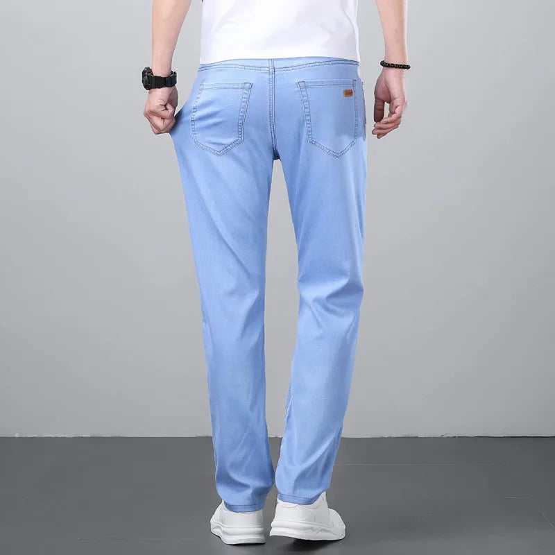 2026 Spring Summer 70% Lyocell Jeans Regular Fit Straight Ice Silk Style Business Casual Light Blue Stretch Cotton Denim ATFH