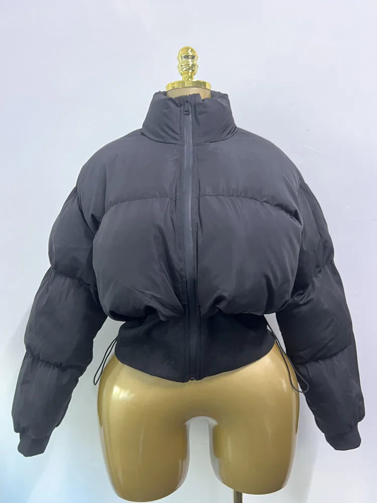 Joskaa 2025 Winter Women's Black Puffer Jacket Fashion Stand Collar Long Sleeve Zip Cotton Padding Coat Outerwear Streetwear