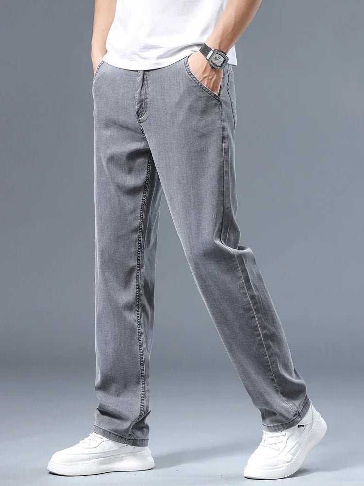 Summer Thin Men's Loose Straight Jeans Lyocell Soft Drape Business Casual Trousers Classic Smoke Gray Brand Ice Silk Pants ATFH