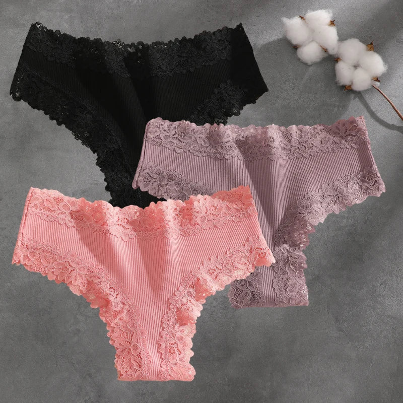 3Pcs Cotton Lace Patchwork Bikini Panties Women Seamless Floral Print Brazilian Pants Low Waist Breathable Female Sexy Lingerie