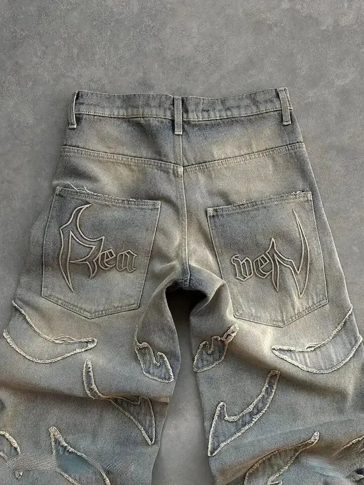 2024 American New Fashion Patch Baggy Casual Jeans For Men And Women Y2K High Street Harajuku High Waist Wide Leg Denim Trousers ATFH