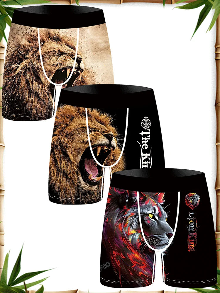 3Pcs Lion Wolf Print Men Underwear Boxers Men's Novelty Underpant Breathable Printed Male Underpants Man Boxer Briefs