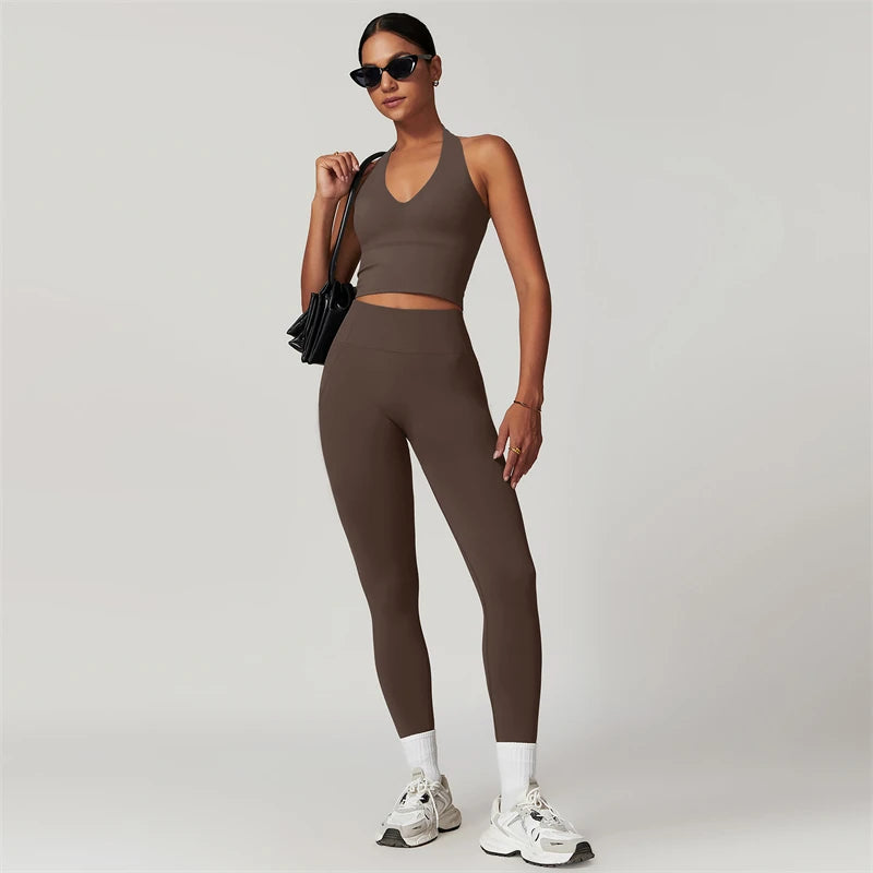 Quick-Dry Yoga Suit Sports Sets Women's Tracksuit Running Crop Tops and Leggings 2 Piece Set Fitness Wear Black Gym Clothing - ATFH