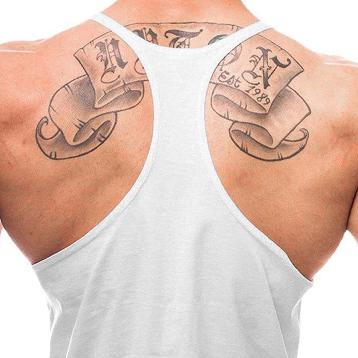 No Pain No Gain men's stringer tank top, white cotton sleeveless Y-back gym shirt by ATFH