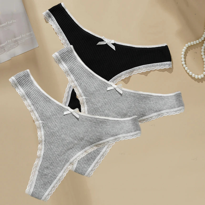 3PCS Sexy Low Waist Panties Women Lace Trim Solid Color Briefs M-XL Breathable Comfortable Lingerie Female Rib Cotton Underwear