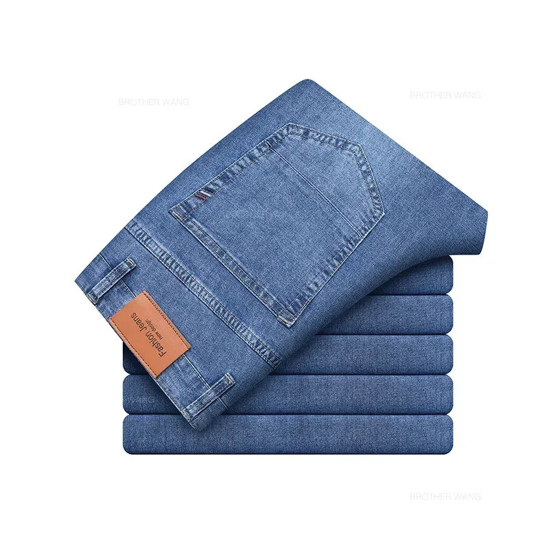 Summer Thin Men's Elastic Cotton Jeans Fashion Gray Comfortable Business Straight Casual Pants Brand Male Clothes Trousers ATFH
