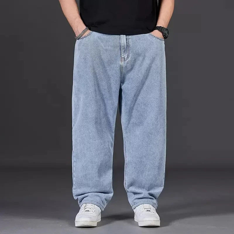 Men's Plus Size Jeans with Elastic Waistband Denim Trousers Male Straight Tube Breathable Loose Street Wear Casual Pants ATFH