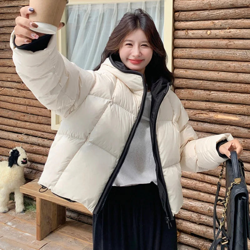 Two-Tone Cotton Padded Jacket 2025 Winter Short Hooded Coat Women Loose Thickened Casual Parka with Drawstring Hem Petite Sizes