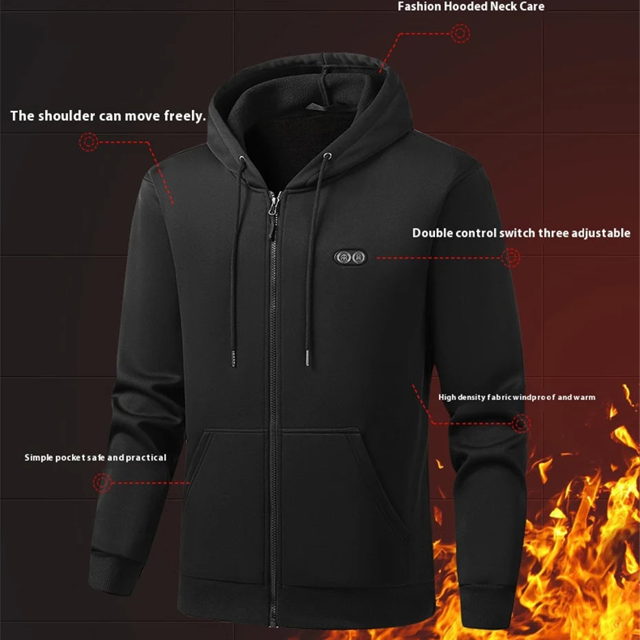 USB Heating Hoodie Jacket Men Zipper Hoodie Autumn Winter Warm 17 Zones Electric Heated Hoodies Jackets Male - ATFH