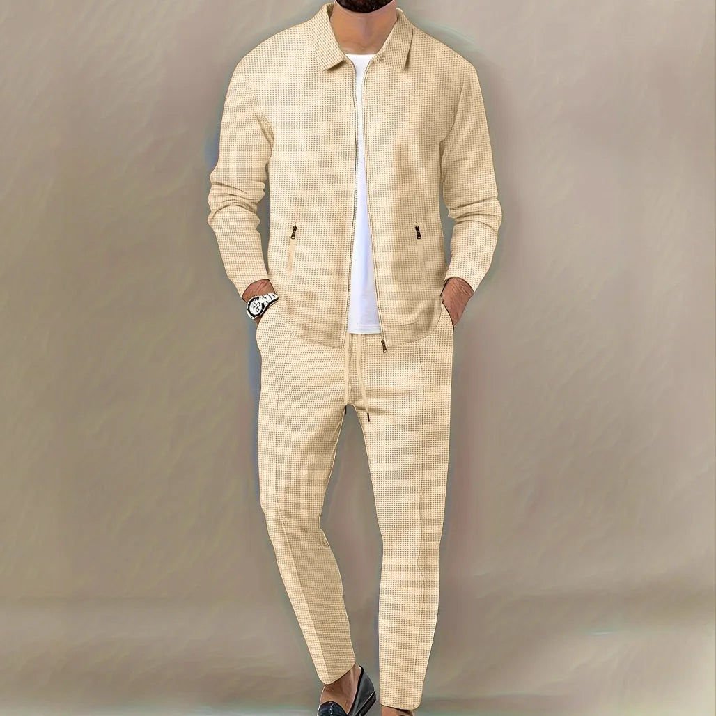 Men's Spring Waffle Two-Piece Set Casual Sports Suit with Zipper Long-Sleeved Jacket And Pants Collared - ATFH