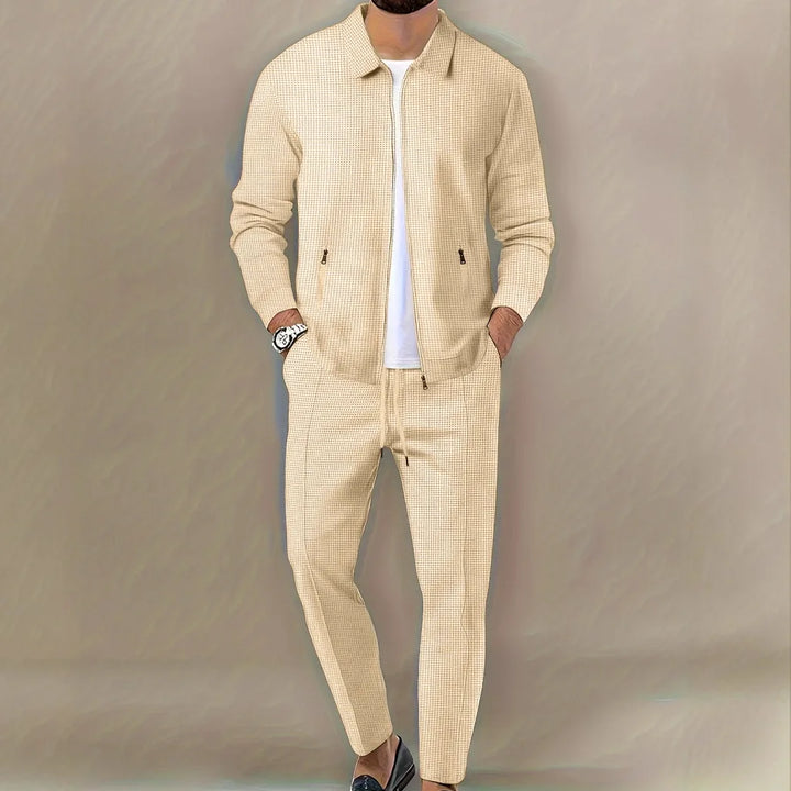 Men's Spring Waffle Two-Piece Set Casual Sports Suit with Zipper Long-Sleeved Jacket And Pants Collared - ATFH