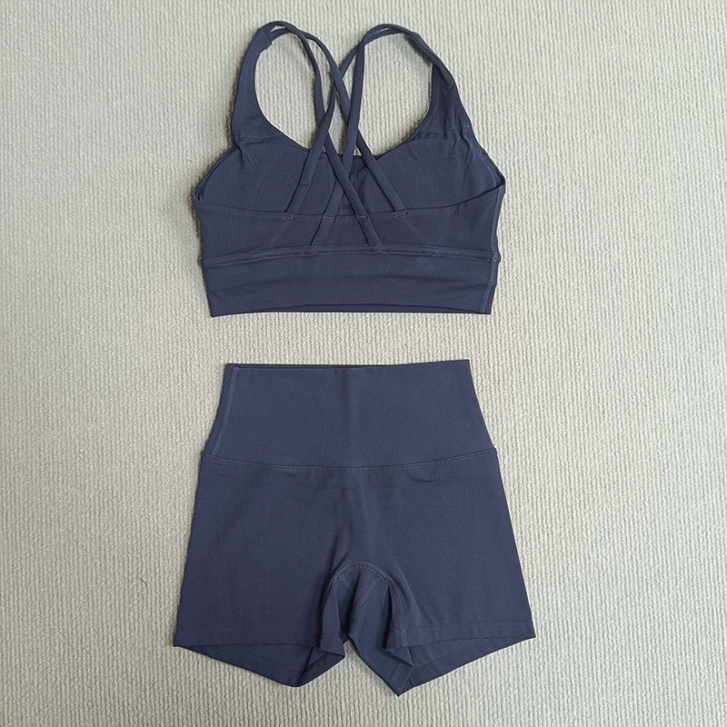 2 Pieces Yoga Clothes Gym Sets Sports Shorts Women Cross Back Bra Top High Waist Shorts Fitness Suits Running Workout Tracksuit - ATFH