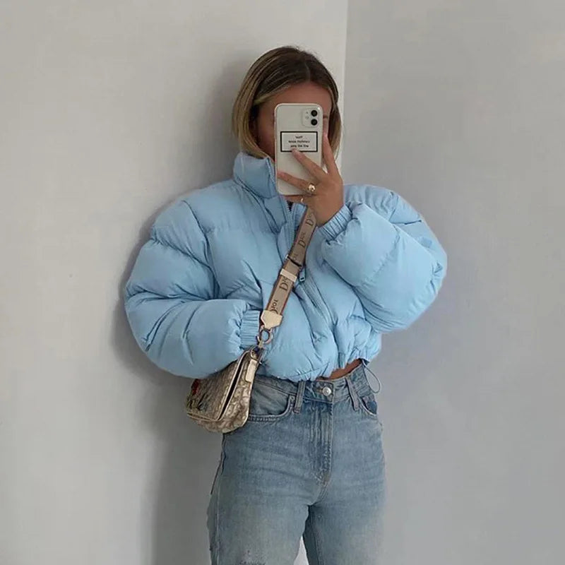 Women Short Puffer Jacket Cotton-Padded Thick Drawstring Parkas Zipper Winter Bubble Coat Warm Casual Hot Street Outfits