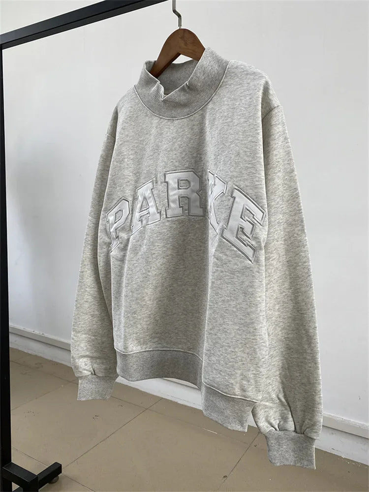 Letters Embroidery Women Cotton Gray Sweatshirts Spring New Stand Collar Ladies Long Sleeve Casual Sports Pullover Tops - ATFH