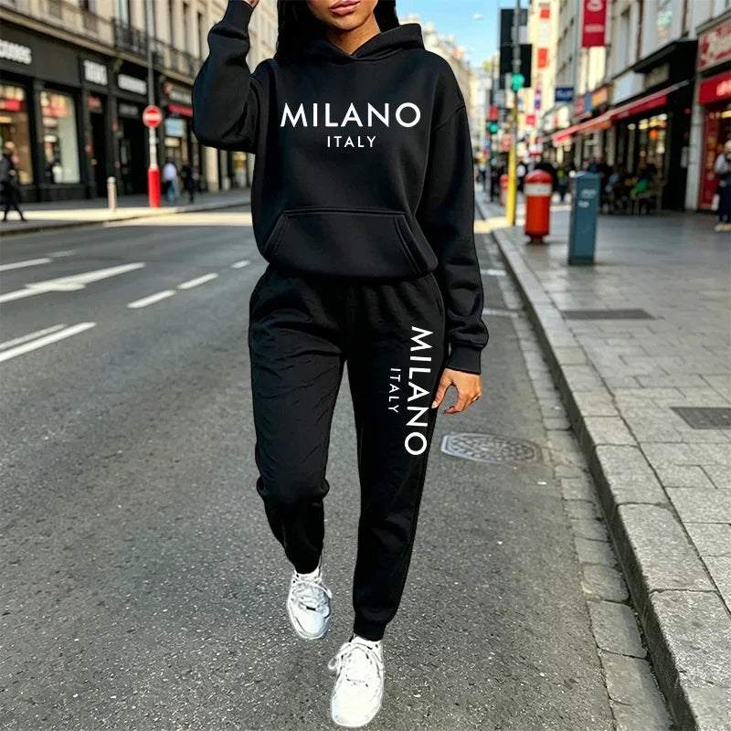 Women's Outfits Print Casual Hooded Sweatshirts 2 Pcs Suit Outdoors Sports Jogging Tracksuit Clothing Autumn Winter Pants Sets