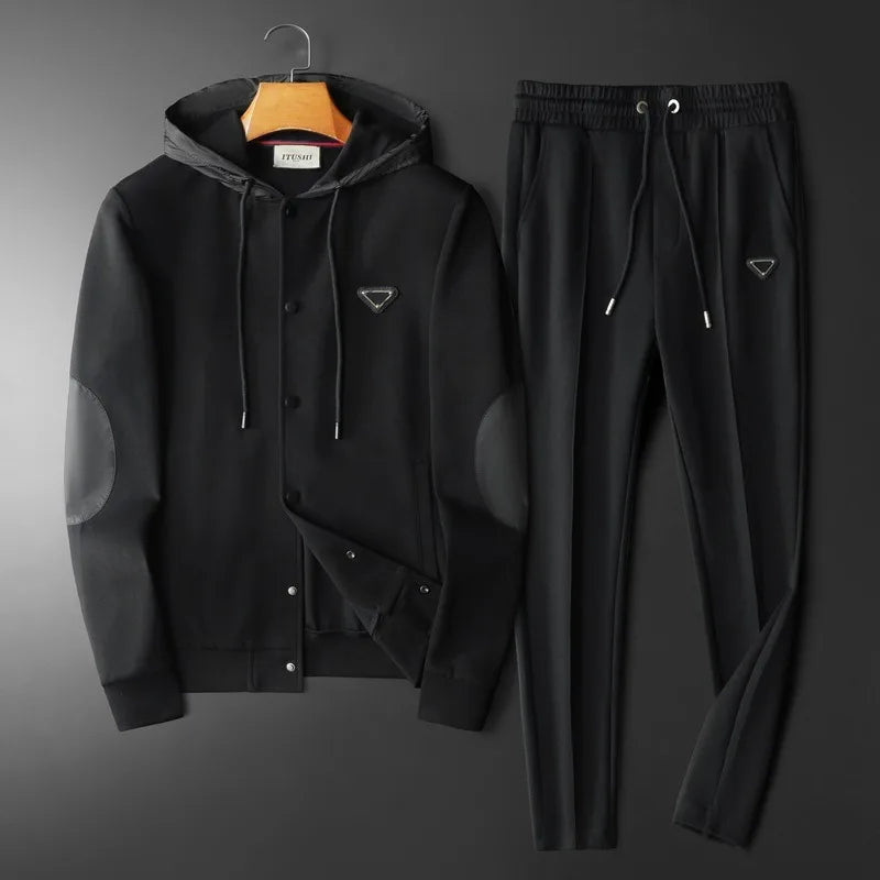 Minglu Autumn Winter Sprot Casual Male Sets Luxury Single Breasted Solid Color Hooded Man Sweatshirts Fashion Mens Sweatpants - ATFH