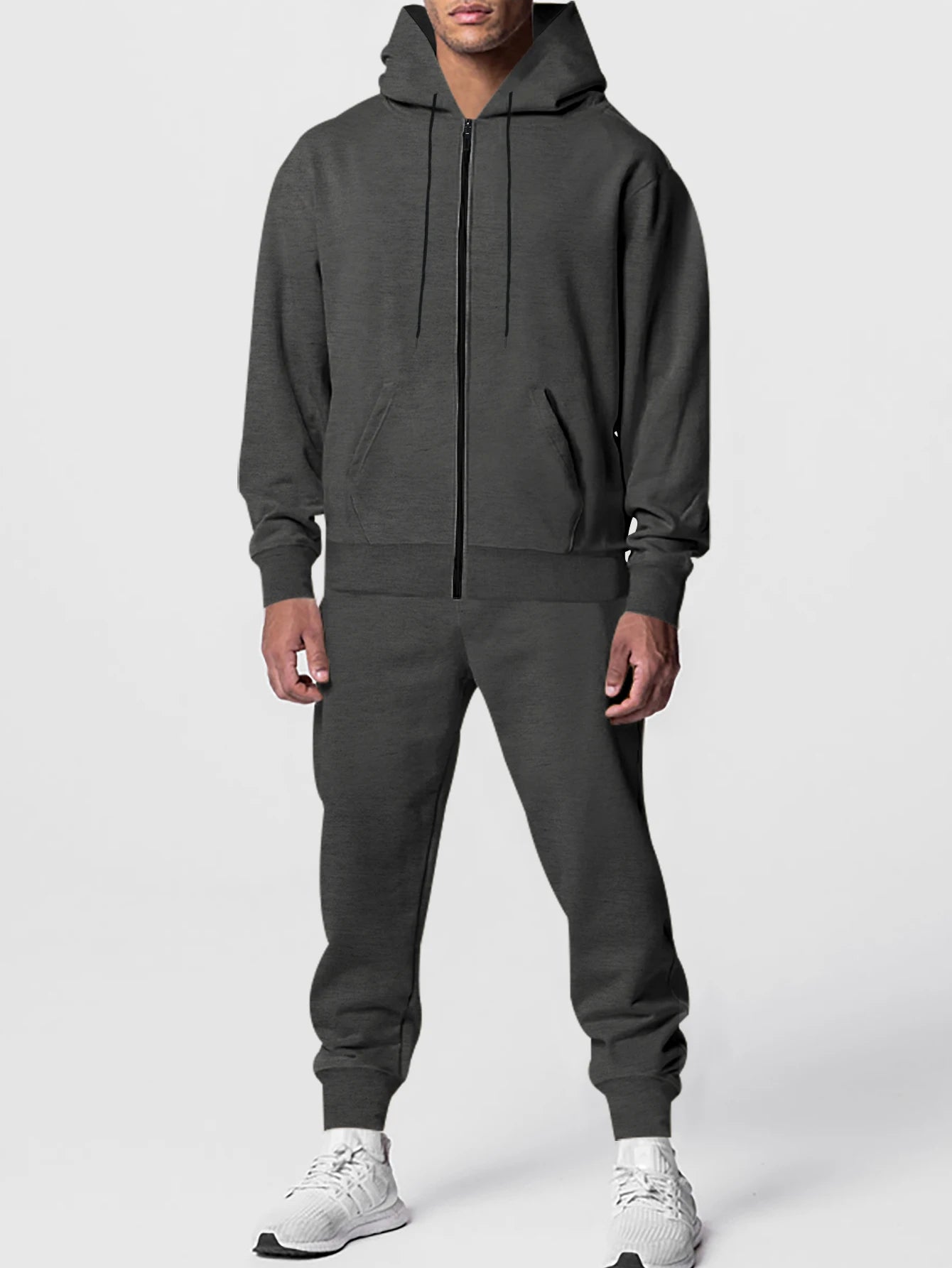 Autumn and winter men's solid color long-sleeved trousers hooded sports casual fleece suit warm and comfortable men's clothing - ATFH