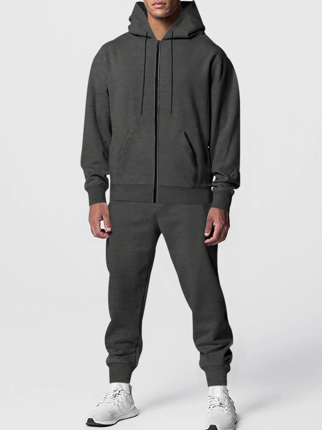 Autumn and winter men's solid color long-sleeved trousers hooded sports casual fleece suit warm and comfortable men's clothing - ATFH