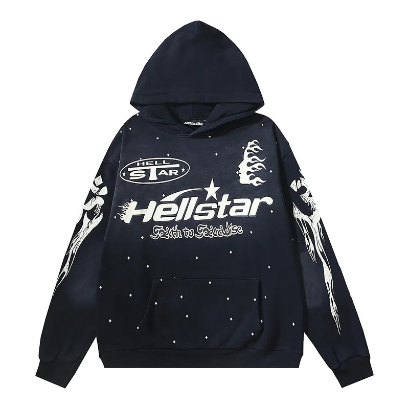 Hellstar Washed Distressed French Terry High Street Hoodie Sweatshirt Jacket Unisex Streetwear Vintage Outerwear