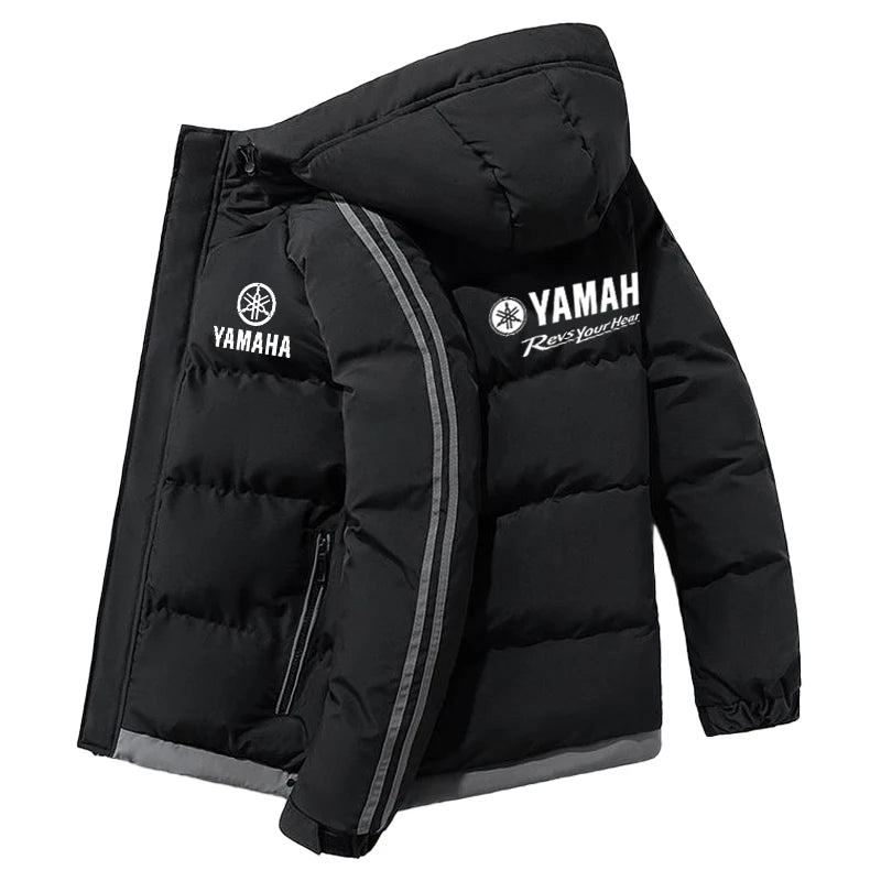 Yamaha's new men's hooded thick winter warm-up cotton coat for outdoor fashion, casual and sporty wear with zipper. Men's coat.