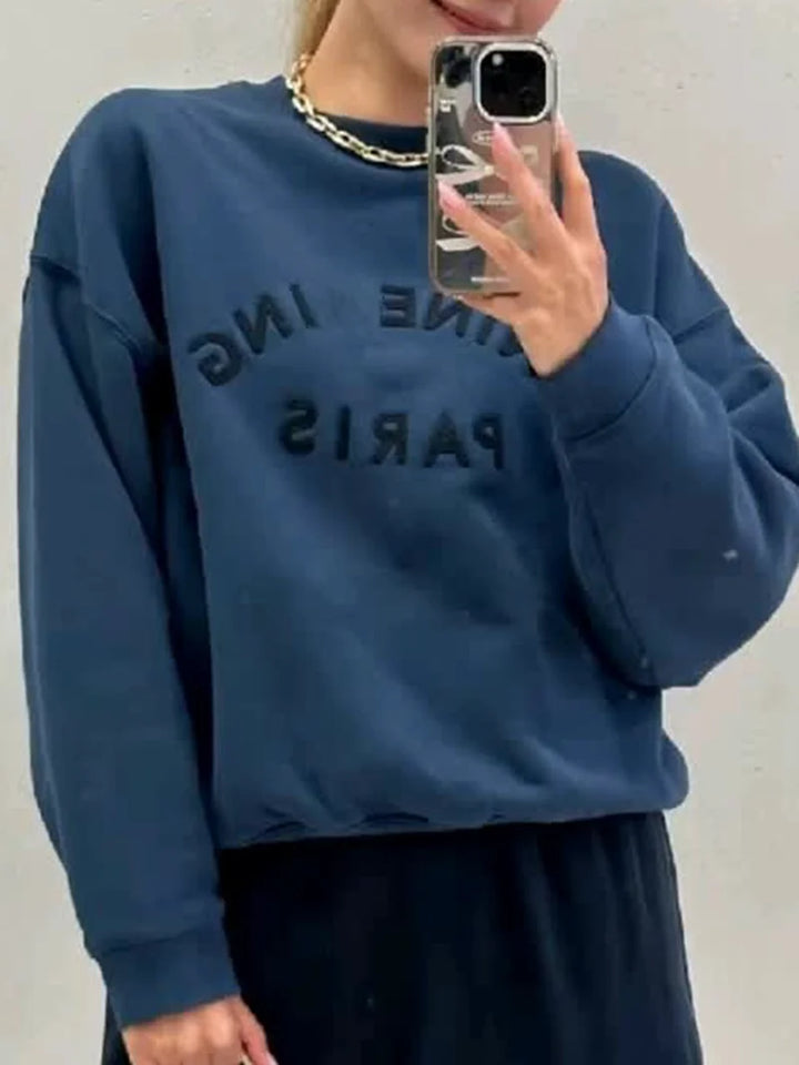 Warm hoodie women's spin off 2025 autumn chest letter embroidery deep blue pure cotton sportswear pullover - ATFH
