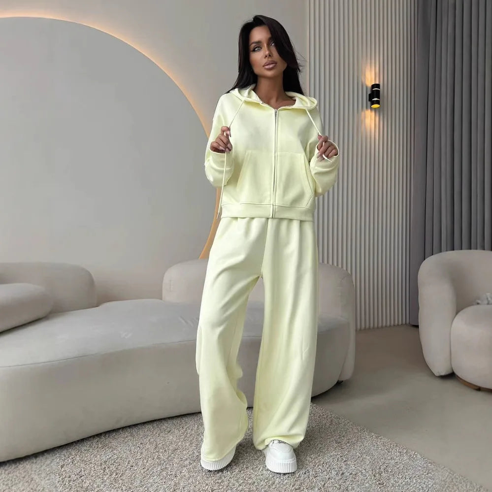 Cotton Hoodies Sweatshirt Two-piece Suit Women Casual Sports Sets Autumn Zip-up Short Coat Straight Trousers Loose 2-piece Sets
