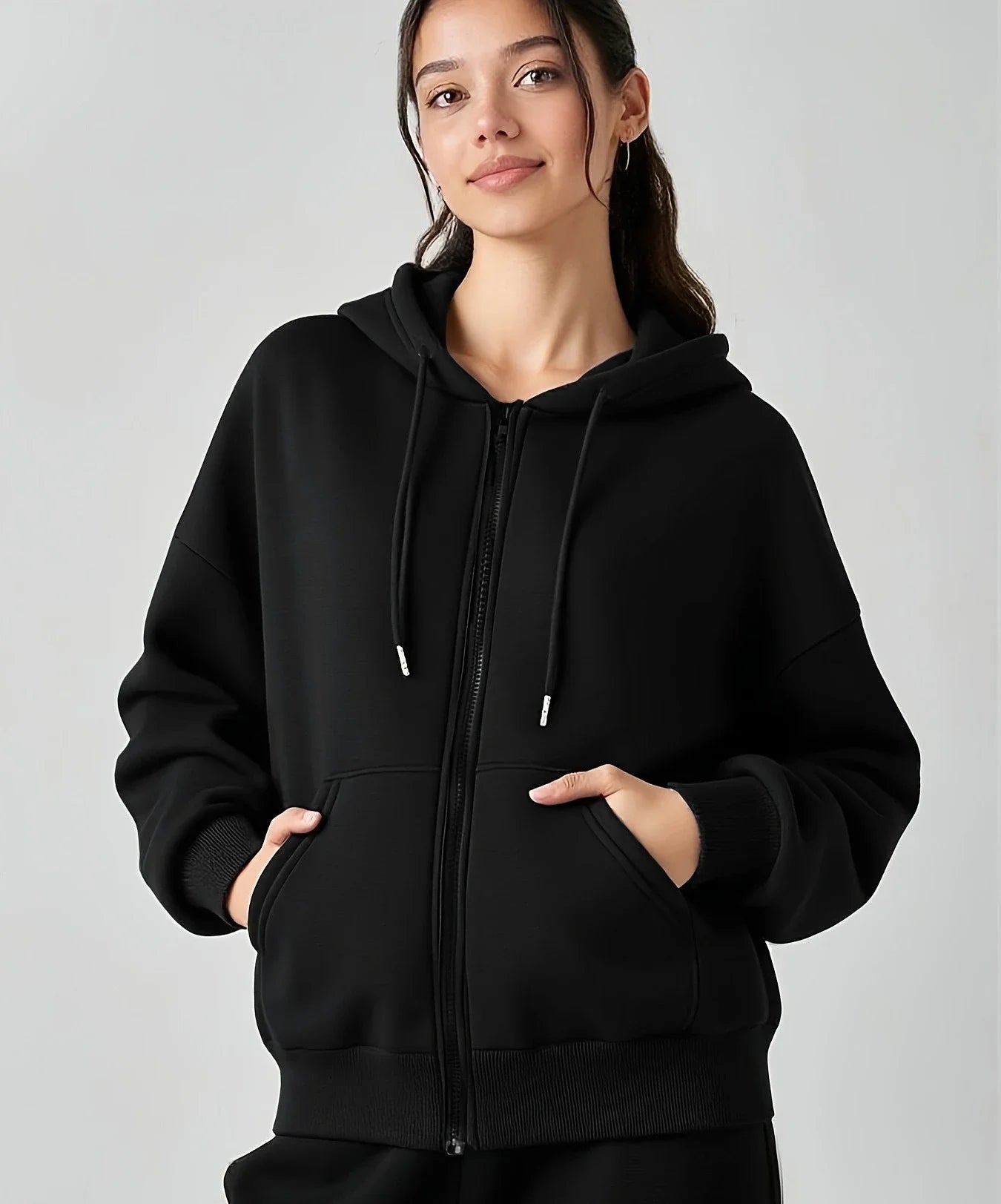 Black White Women's Zipper Hoodies Jacket Cotton Fleece Hoody Sweatshirt Pullover Autumn Winter Oversized Loose Tops Coat Unisex - ATFH