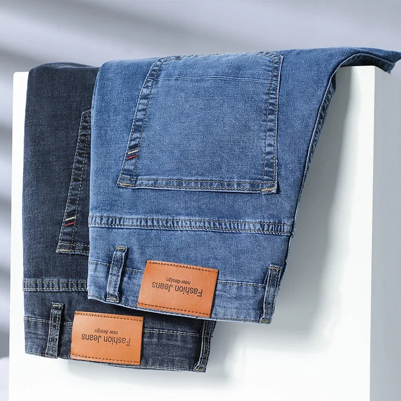 Summer Thin Men's Cotton Jeans New Fashion Gray Elastic Straight Business Casual Pants Comfortable Brand Trousers ATFH